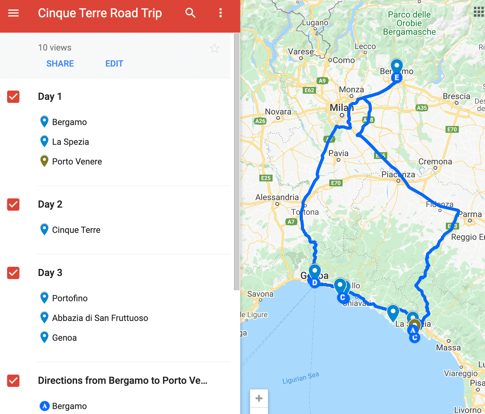 google maps travel itinerary