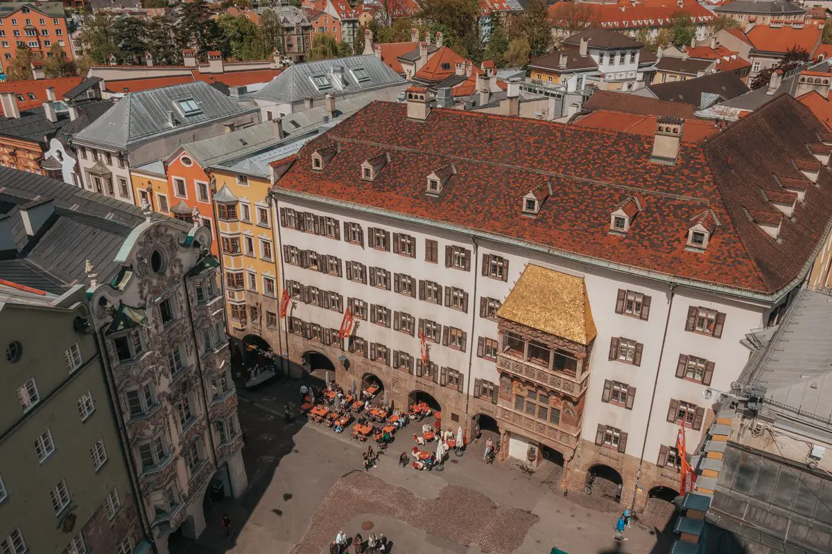 Historic buildings and the Goldenes Dachl, or Golden Roof, from above in Innsbruck ,Austria