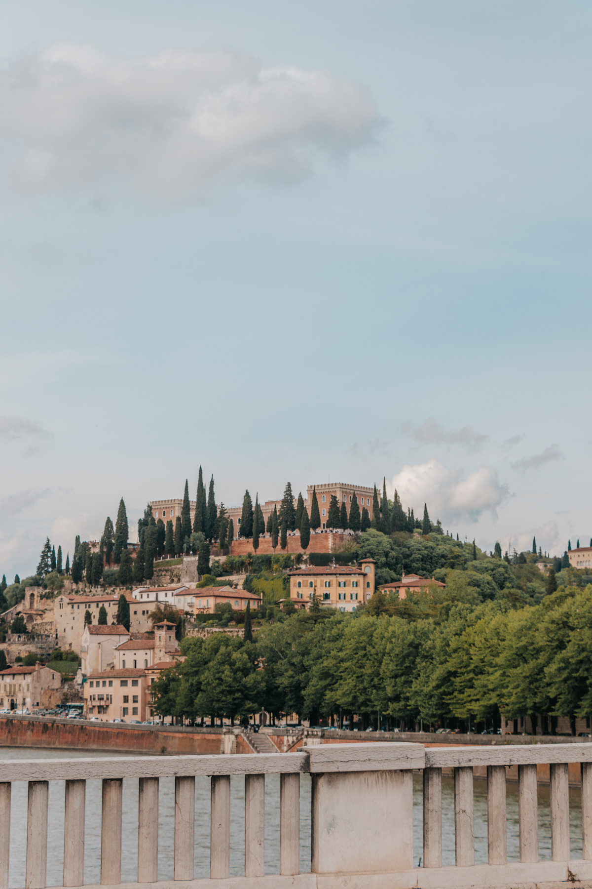 Fortress, called Castel San Pietro, sitting atop a hill in Verona, Italy