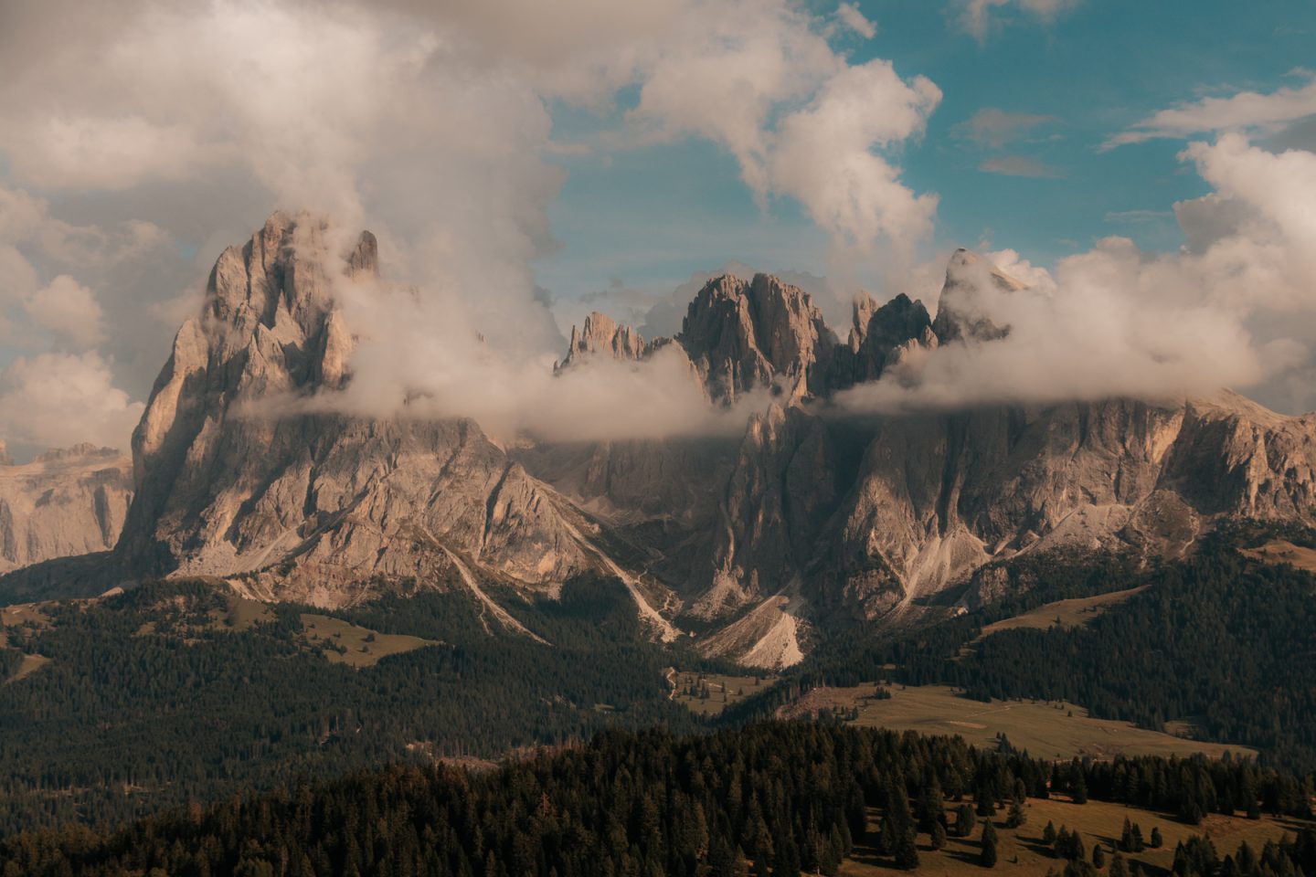 Unique grey, jagged mountain peaks in Alpe di Siusi, Italy